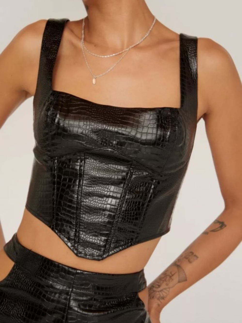 Maeve Black Croc-Embossed Faux Leather Corset Top